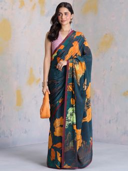 Navyasa By Liva - Lightbox Flowers Antique Affair Liva Crepe Turquoise Saree with Unstitched Blouse