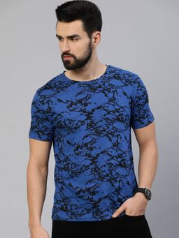 Urbano Fashion - Men Blue Printed Round Neck Half Sleeve Slim Fit Cotton T-shirt