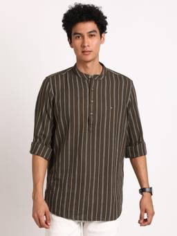 Turtle - Men Pure Cotton Brown Stripe Shirt Kurta