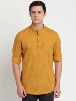 Turtle - Men Pure Cotton Mustard Polka Dots Shirt Kurta