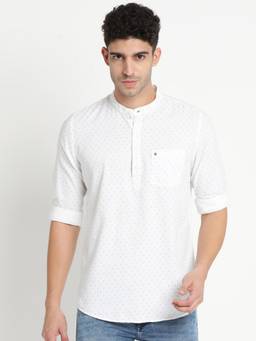 Turtle - Men Pure Cotton White Printed Shirt Kurta