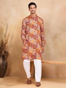 Kraft India - Men Orange Printed Kurta with Pyjama (Set of 2)