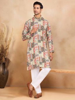 Kraft India - Men Yellow Printed Kurta with Pyjama (Set of 2)