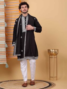 KRAFT INDIA LUXE - Men Black Embroidered Kurta with Trouser with Stole (Set of 3)