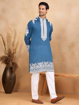 KRAFT INDIA LUXE - Men Blue Embroidered Kurta with Stole (Set of 2)