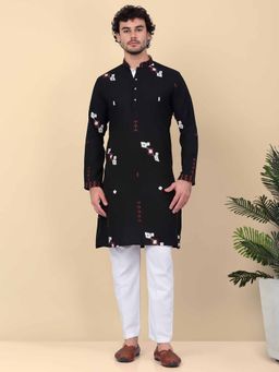 KRAFT INDIA LUXE - Men Black Embroidered Kurta with Stole (Set of 2)