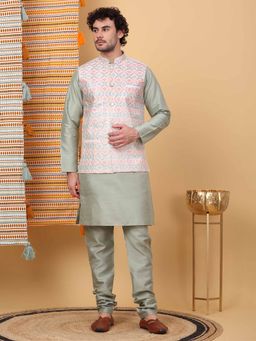KRAFT INDIA LUXE - Men Olive Embroidered Kurta with Churidar and Nehru Jacket (Set of 3)