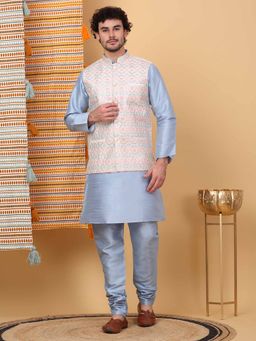 KRAFT INDIA LUXE - Men Blue Embroidered Kurta with Churidar and Nehru Jacket (Set of 3)