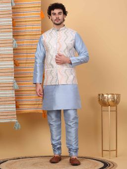 KRAFT INDIA LUXE - Men Blue Embroidered Kurta with Churidar and Nehru Jacket (Set of 3)