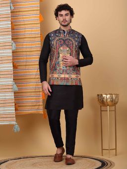 KRAFT INDIA LUXE - Men Black Paisley Kurta with Churidar and Nehru Jacket (Set of 3)