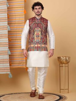 KRAFT INDIA LUXE - Men Cream Paisley Kurta with Churidar and Nehru Jacket (Set of 3)