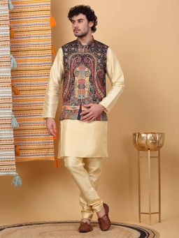 KRAFT INDIA LUXE - Men Beige Paisley Kurta with Churidar and Nehru Jacket (Set of 3)