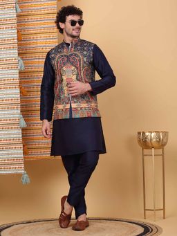 KRAFT INDIA LUXE - Men Navy Blue Paisley Kurta with Churidar and Nehru Jacket (Set of 3)
