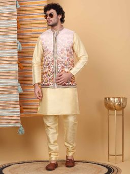 KRAFT INDIA LUXE - Men Beige Floral Kurta with Churidar and Nehru Jacket (Set of 3)