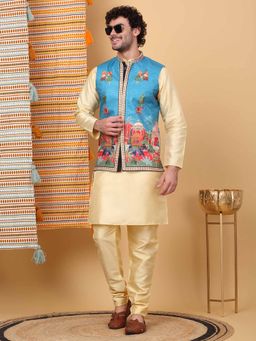 KRAFT INDIA LUXE - Men Beige Printed Kurta with Churidar and Nehru Jacket (Set of 3)