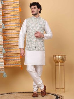 KRAFT INDIA LUXE - Men Cream Embroidered Kurta with Churidar and Nehru Jacket (Set of 3)