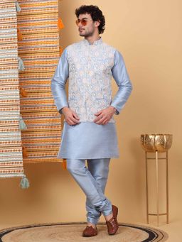 KRAFT INDIA LUXE - Men Turquoise Embroidered Kurta with Churidar and Nehru Jacket (Set of 3)