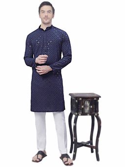 SG LEMAN - Men Navy Blue Embroidered Kurta with Pyjama (Set of 2)