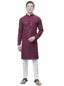 SG LEMAN - Men Wine Embroidered Kurta with Pyjama (Set of 2)