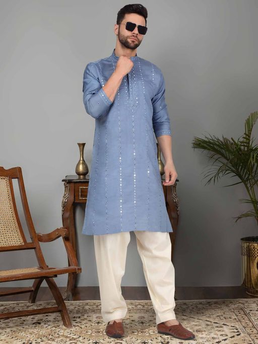 KRAFT INDIA LUXE Men Blue Embroidered Kurta with Salwar (Set of 2)