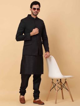 Kraft India - Men Black Solid Kurta with Churidar and Waistcoat (Set of 3)