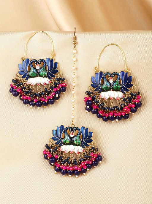Yellow Chimes Gold Toned Beads Drop Peacock Designed Meenakari Earrings with Maang Tikka