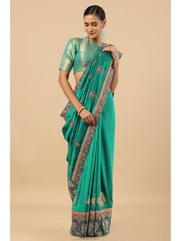 Soch - Green Tussar Embroidered Saree with Unstitched