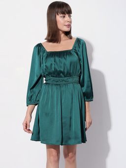 VERO MODA - Dark Green Satin Fit & Flare Dress