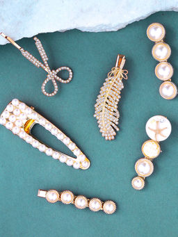 Yellow Chimes - White Embellished Hair Clips (Set of 6)