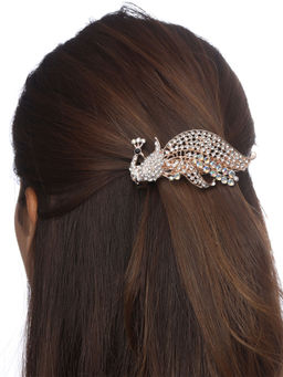 Yellow Chimes - Peacock Designed White Stone Studded French Baratte Hair Clip