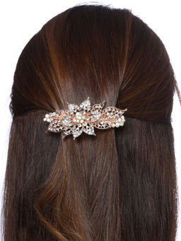 Yellow Chimes - Floral Designed White Stone Studded French Baratte Hair Clip