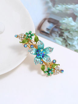 Yellow Chimes - Floral Designed Crystal Studded French Baratte Hair Clip