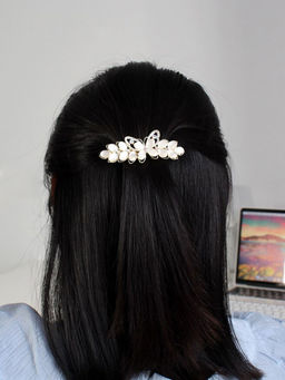 Yellow Chimes - White Embellished French Hair Clip
