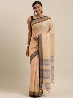Sangam Prints - Cream Linen Woven Work Tassle Saree with Unstitched Blouse with Unstitched