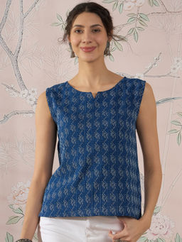 InWeave - Blue Ikkat Kantha Top