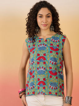 InWeave - Teal Red Floral Block Print Top