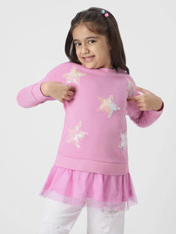 Nautinati - Girls Embellished Round Neck Pullover Sweatshirt with Skirt Detail