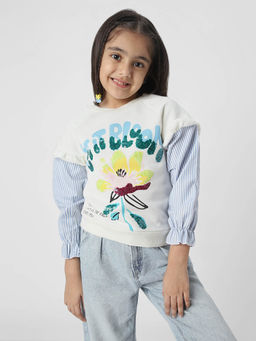Nautinati - Girls Graphic Printed Sweatshirt with Striped Sleeves
