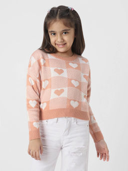 Nautinati - Girls Pink Self Design Acrylic Pullover Sweater
