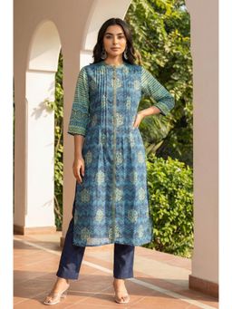 Aurelia - Women's Tealprinted Pintucks Straight Kurta