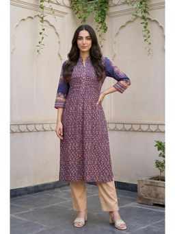 Aurelia - Women's Navy Blue Floral Printed Foil Print Pintucks Pure Cotton Straight Kurta