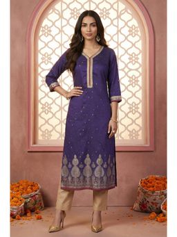 Aurelia - Women's Purple Foil Printed Sequins Straight Kurta