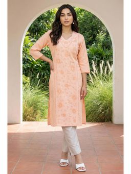 Aurelia - Women's Peach Chikankari Embroidered Pure Cotton Straight Kurta