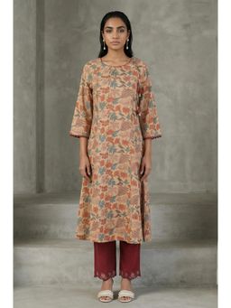 Folksong - Women's Beige Block Printed Tassel Pure Cotton A-Line Kurta