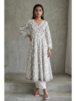 Folksong - Women's Off White Printed Pure Cotton Angrakha Kurta