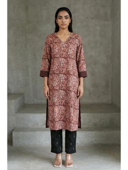 Folksong - Women's Chocolate Brown Sequins Floral Printed Pure Cotton Straight Kurta