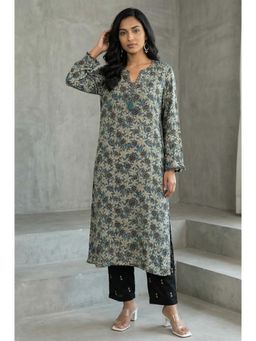 Folksong - Women's Teal Ajrak Printed Tassel Modal Satin Straight Kurta