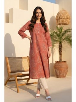 W - Rust Floral Printed Lace Rayon Flax Straight Kurta