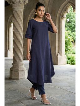 W - Navy Blue Solid Lace Rayon Flax A-Line Kurta