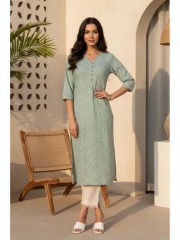 W - Sea Green Geometric Printed Pure Cotton Straight Kurta